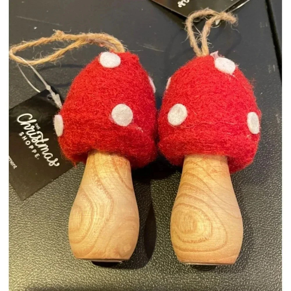 Red White Polka Dot Felt Wood Mushroom Toadstool Ornaments Christmas Set Of 2 #2